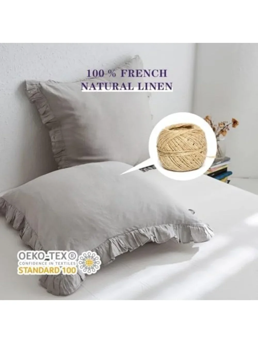 Linen Euro Sham Covers Set of 2, Ruffle 26x26 Inch Pillow Shams for Luxury Decor